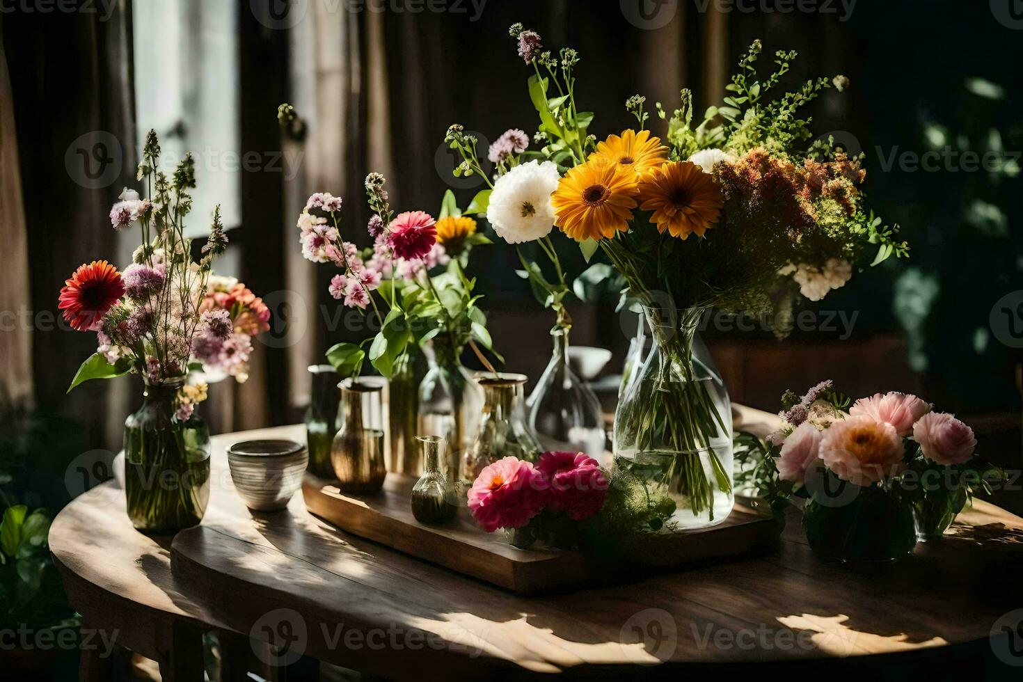 a table with flowers and vases on it. AI-Generated photo