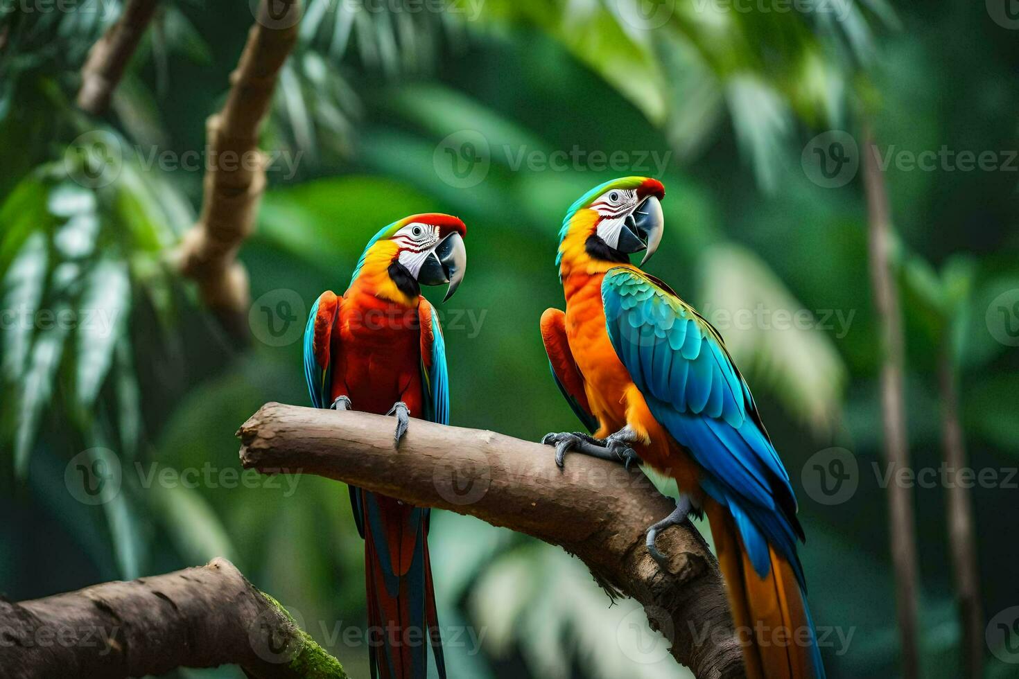 two colorful parrots sitting on a branch in the jungle. AI-Generated photo