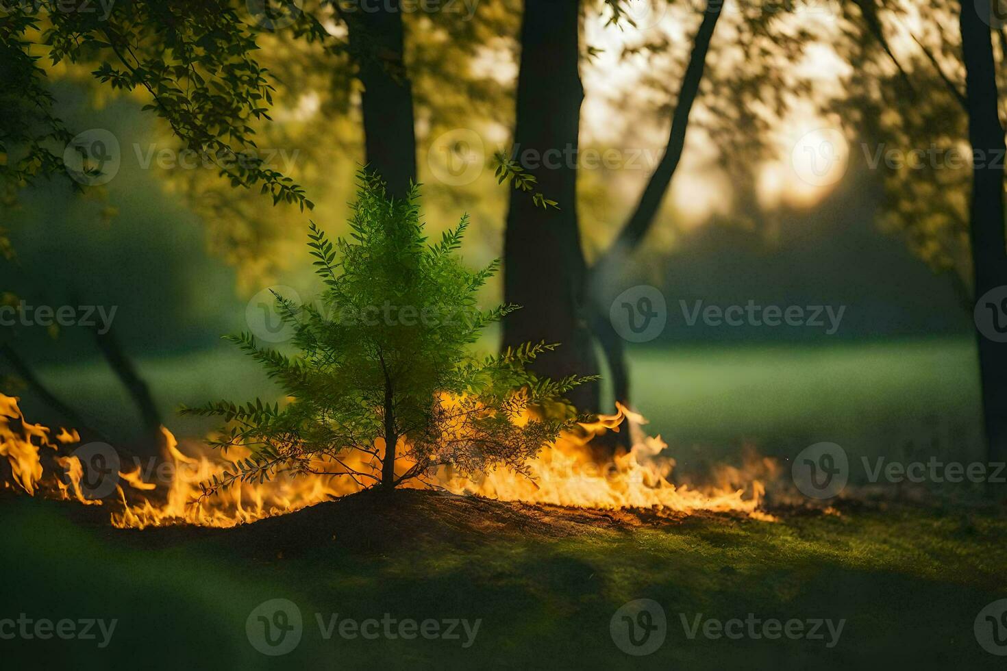 a small tree is burning in the middle of a forest. AI-Generated photo
