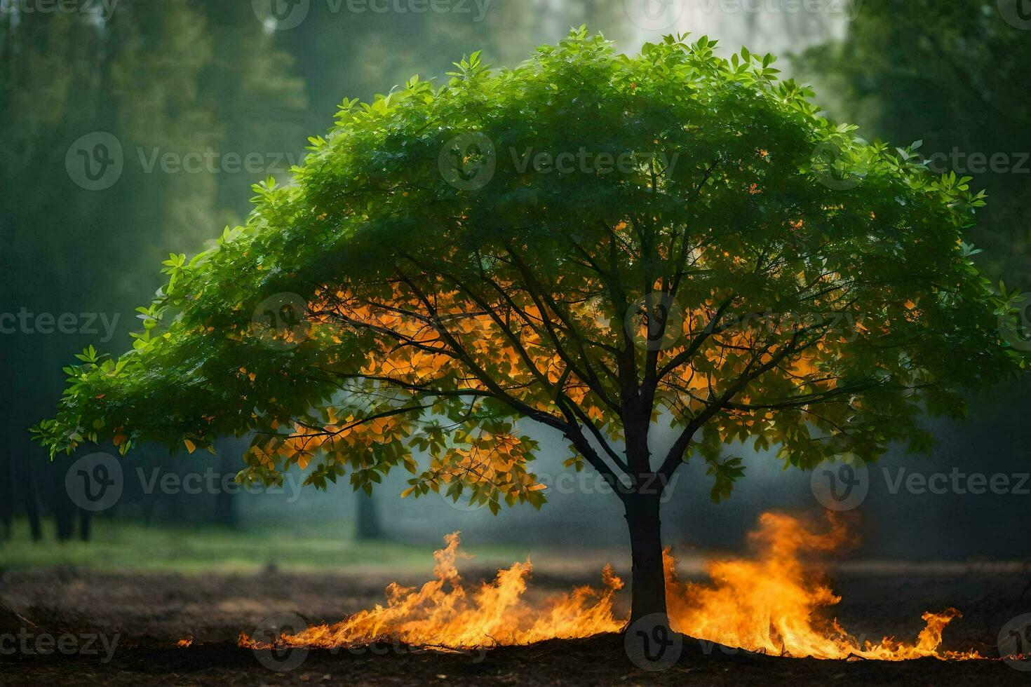 a tree with flames coming out of it in the middle of a forest. AI-Generated photo
