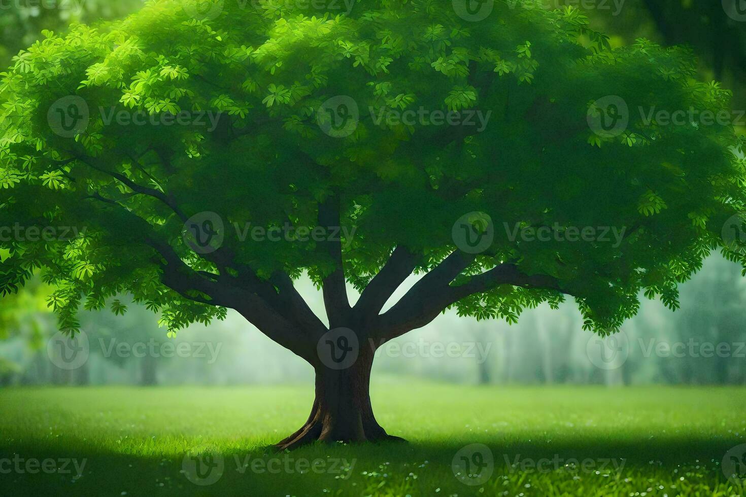 a tree is standing in the middle of a green field. AI-Generated photo