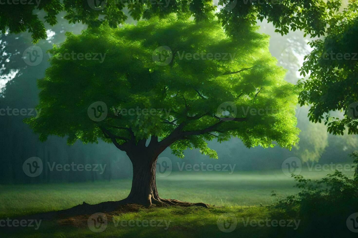 a tree in the middle of a green field. AI-Generated photo
