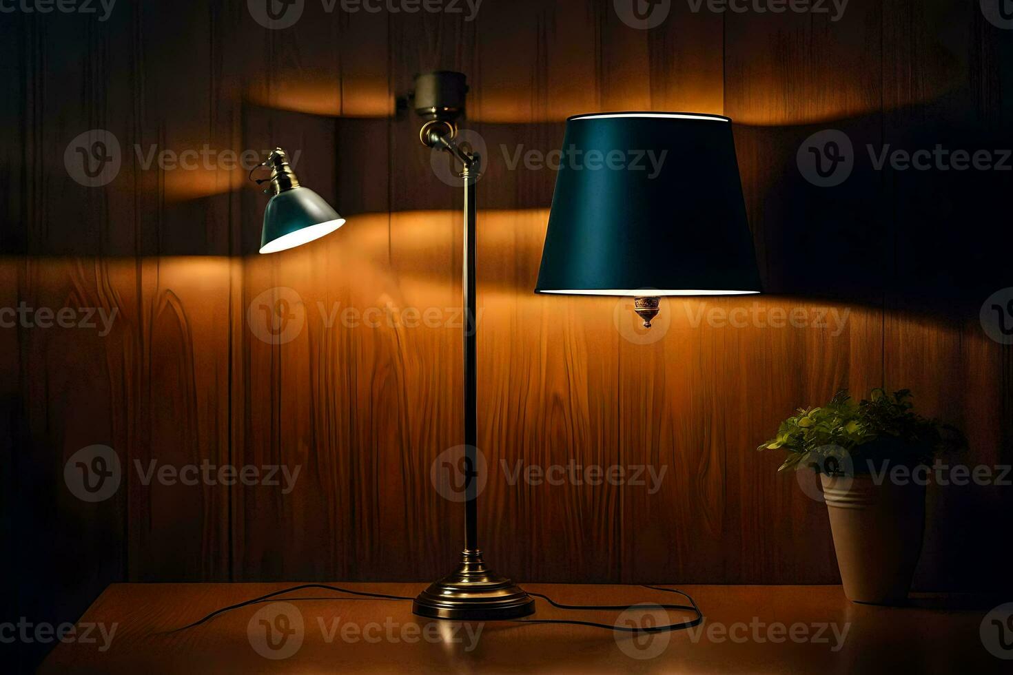 a lamp on a table in front of a wooden wall. AI-Generated photo