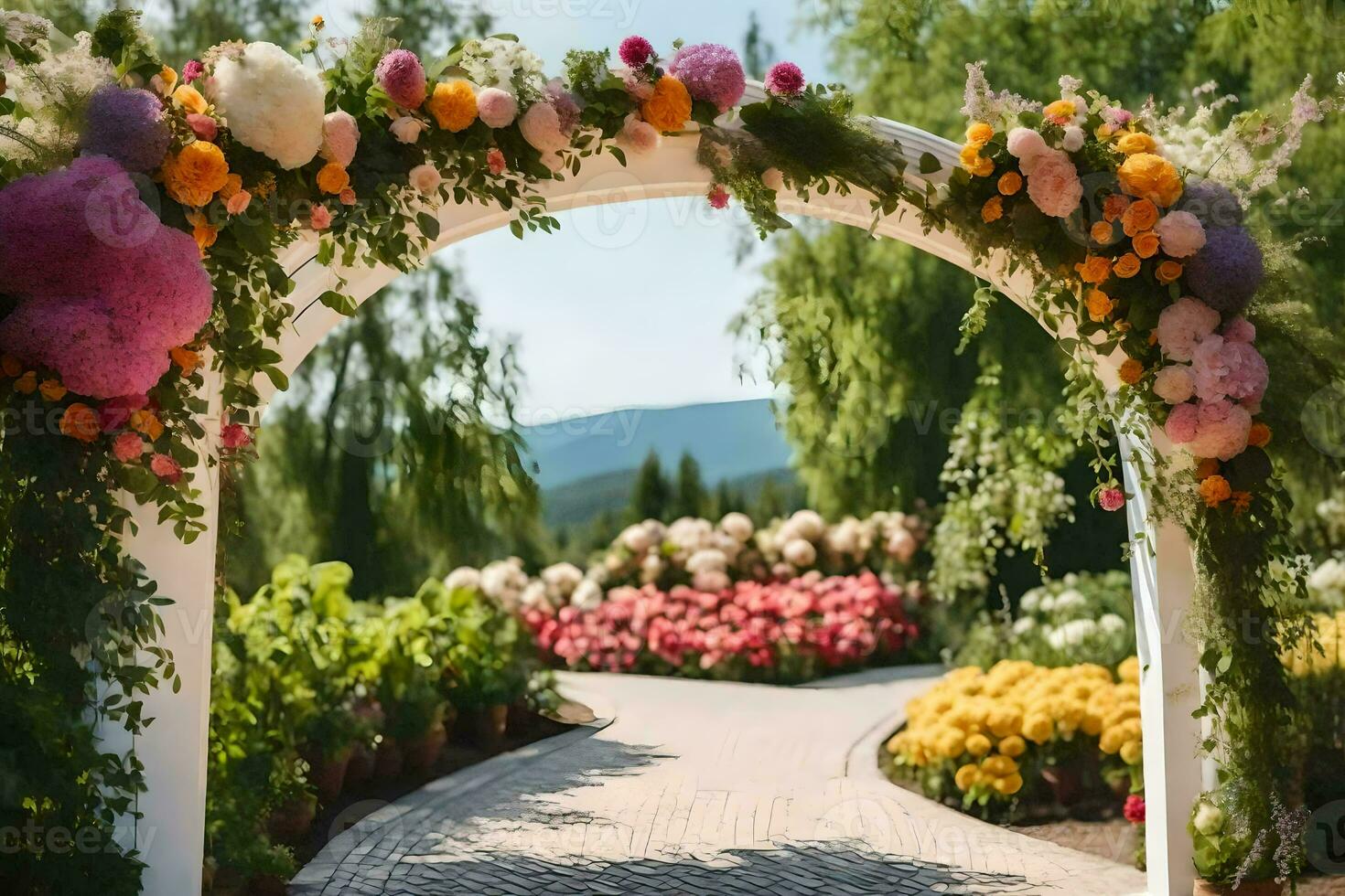 a beautiful archway with flowers and greenery. AI-Generated photo