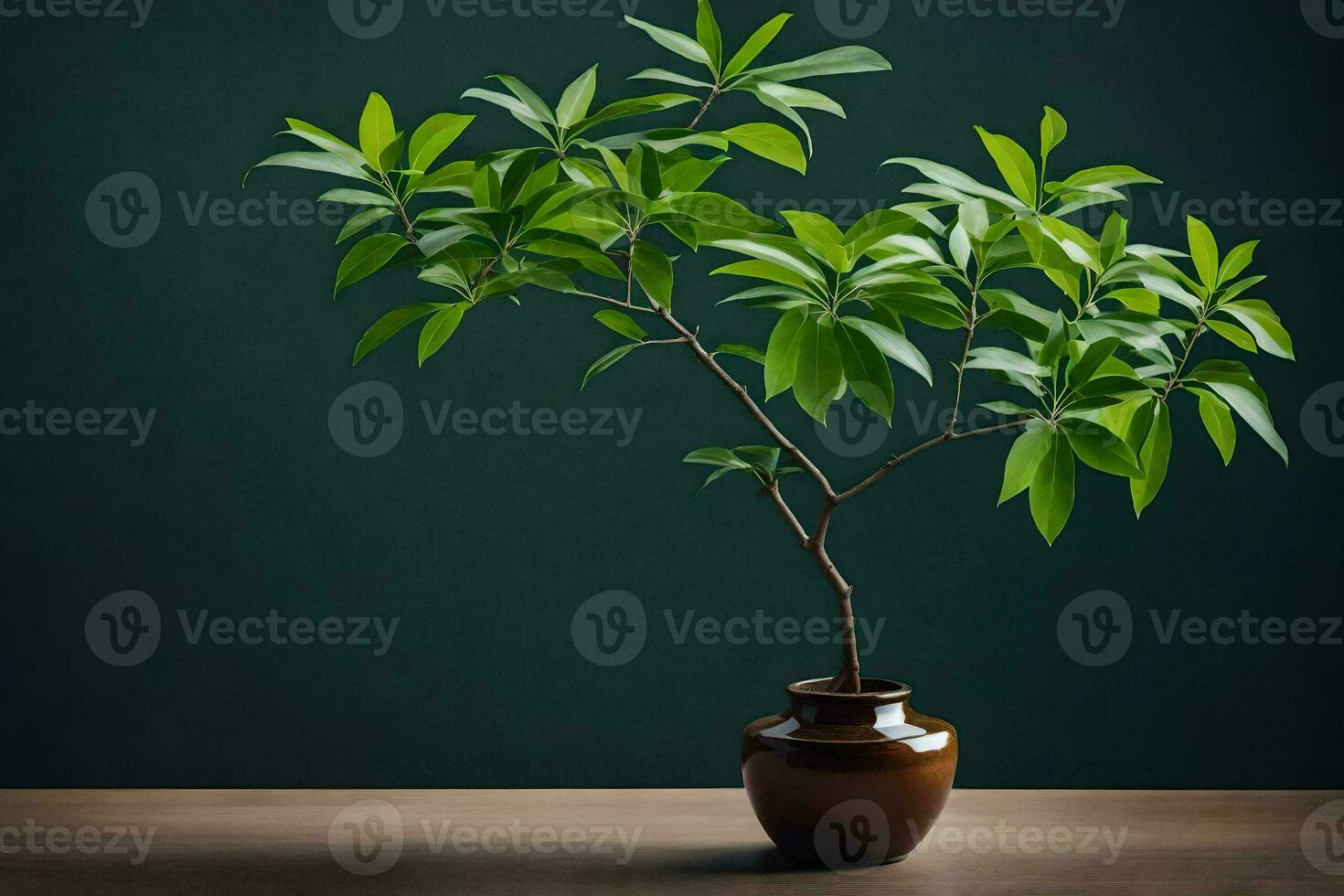 a small plant in a brown vase on a table. AI-Generated photo
