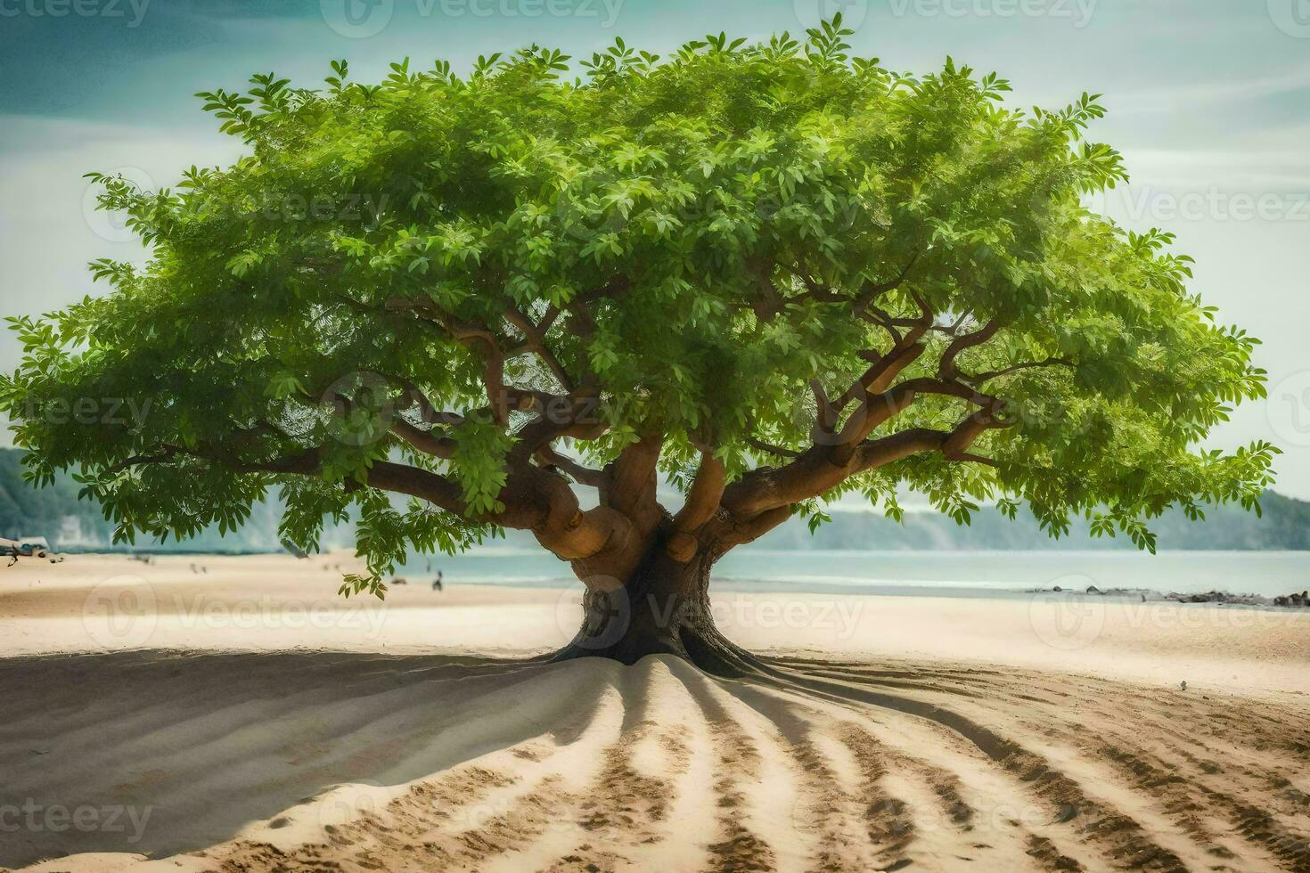 a tree on the beach with sand and water. AI-Generated photo