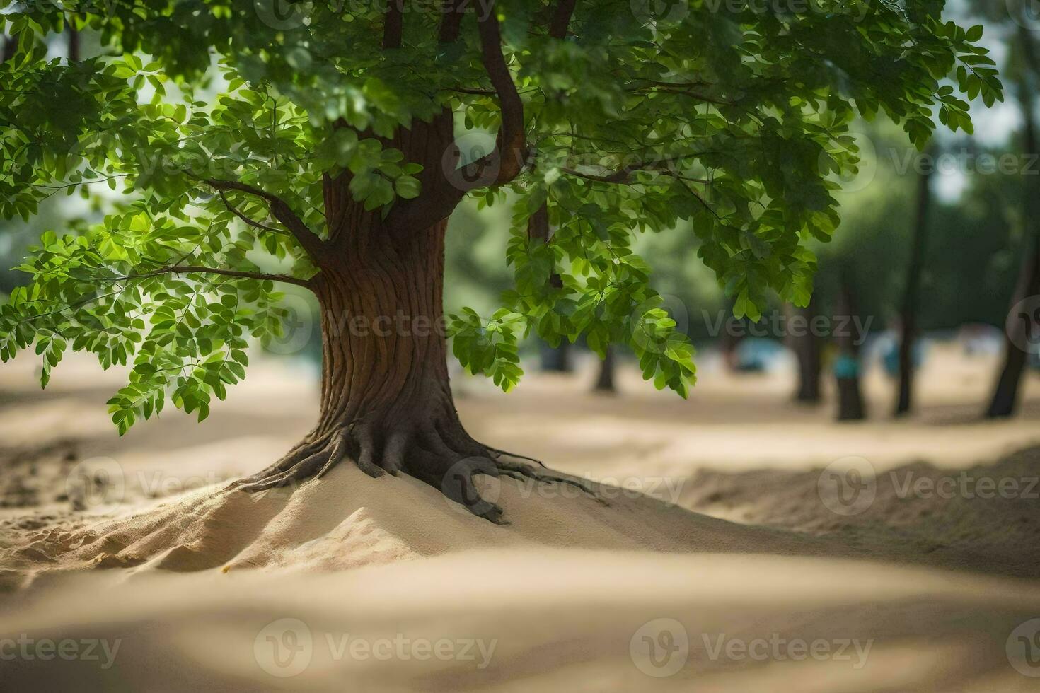a tree with roots growing out of the sand. AI-Generated photo