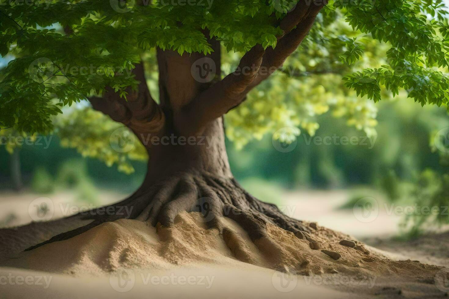 a tree with roots growing out of the sand. AI-Generated photo