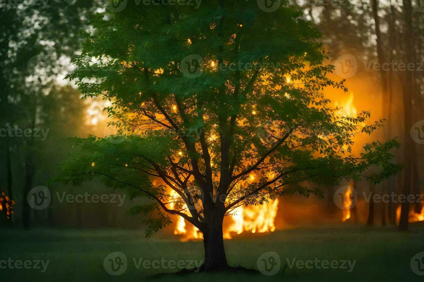 a tree is burning in the middle of a field. AI-Generated photo