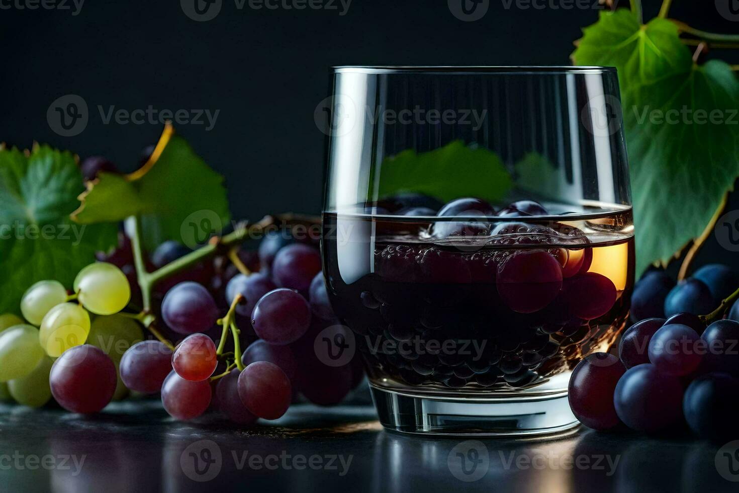 a glass of wine with grapes on a dark background. AI-Generated photo