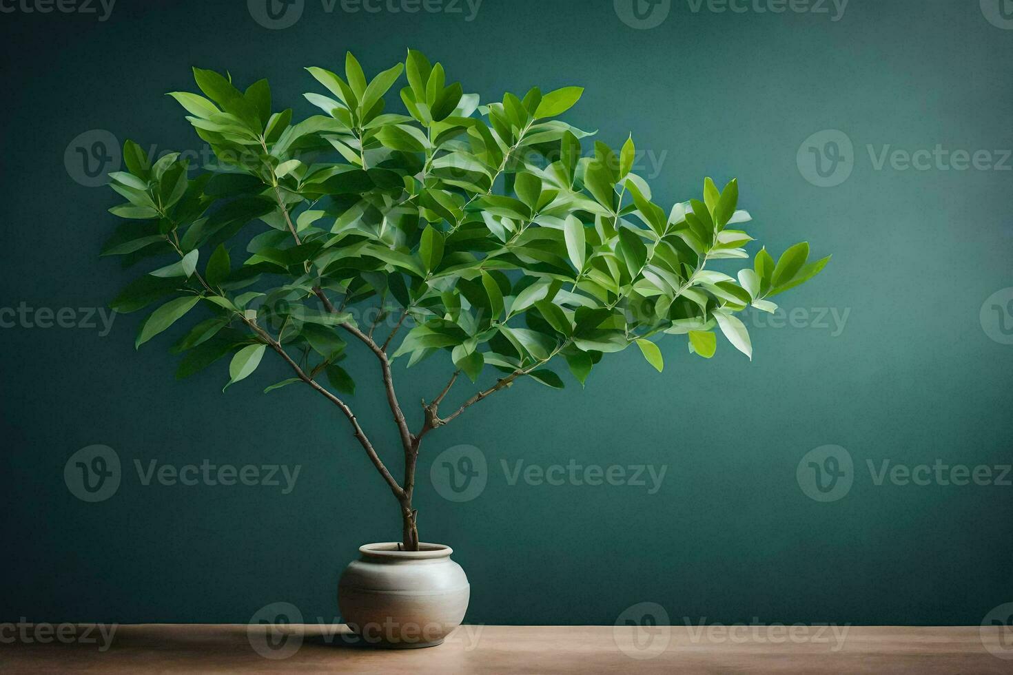 a small tree in a vase on a table. AI-Generated photo