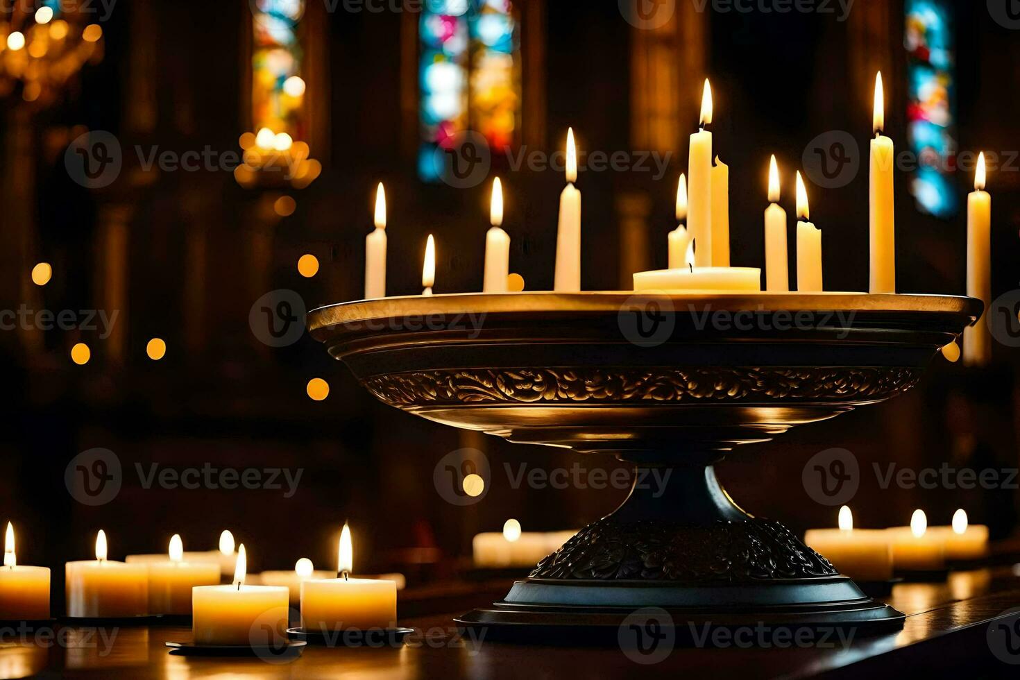 candles are lit in a church with candles in the background. AI-Generated photo