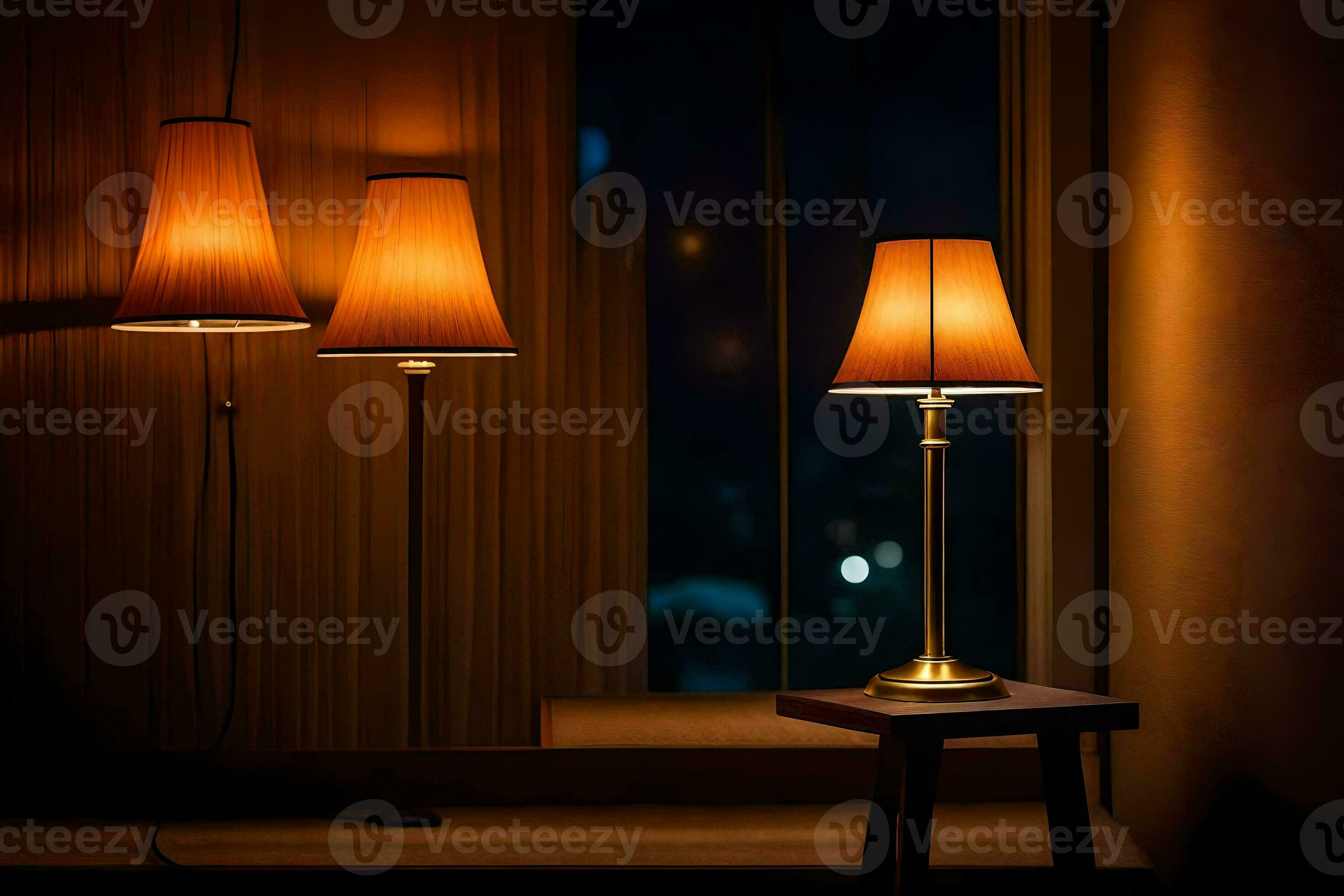 three lamps sit on a table in front of a window. AIGenerated 30122272 Stock Photo at Vecteezy