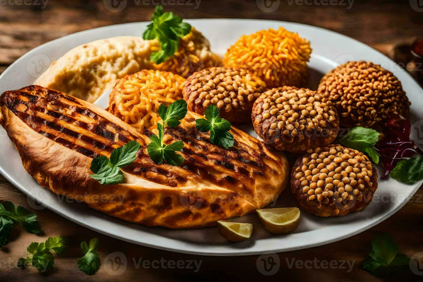 grilled chicken and rice on a plate. AI-Generated photo