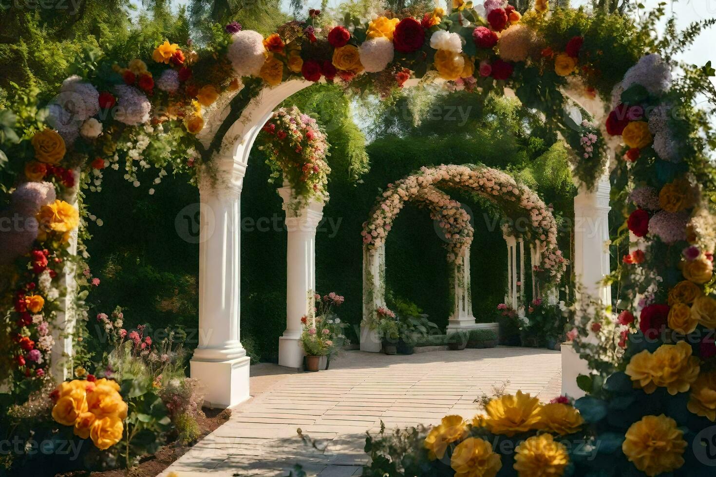 a wedding archway decorated with flowers. AI-Generated photo