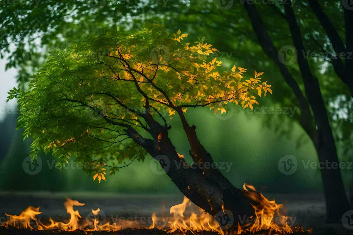 a tree with flames on it in the middle of the forest. AI-Generated photo