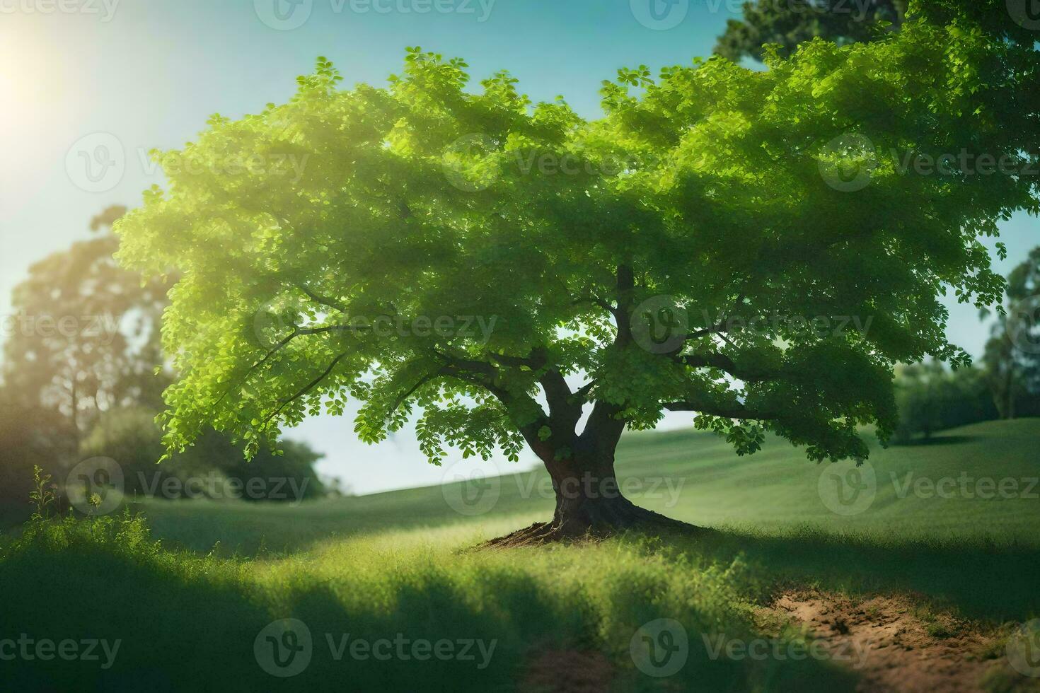 a tree in a field with the sun shining. AI-Generated photo