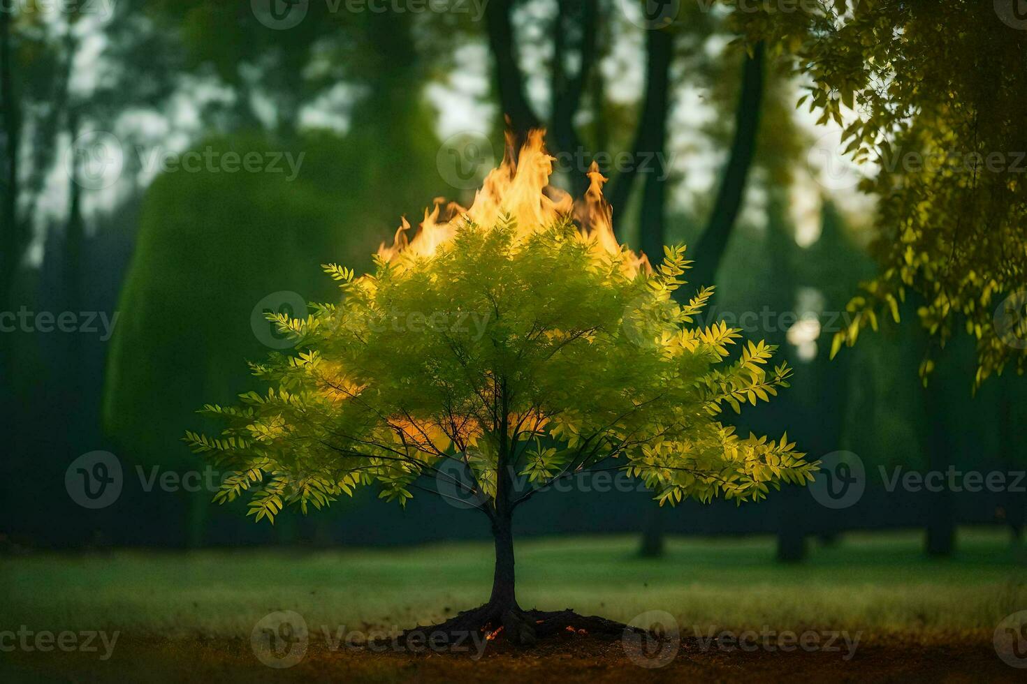 a tree with flames coming out of it in the middle of a field. AI-Generated photo