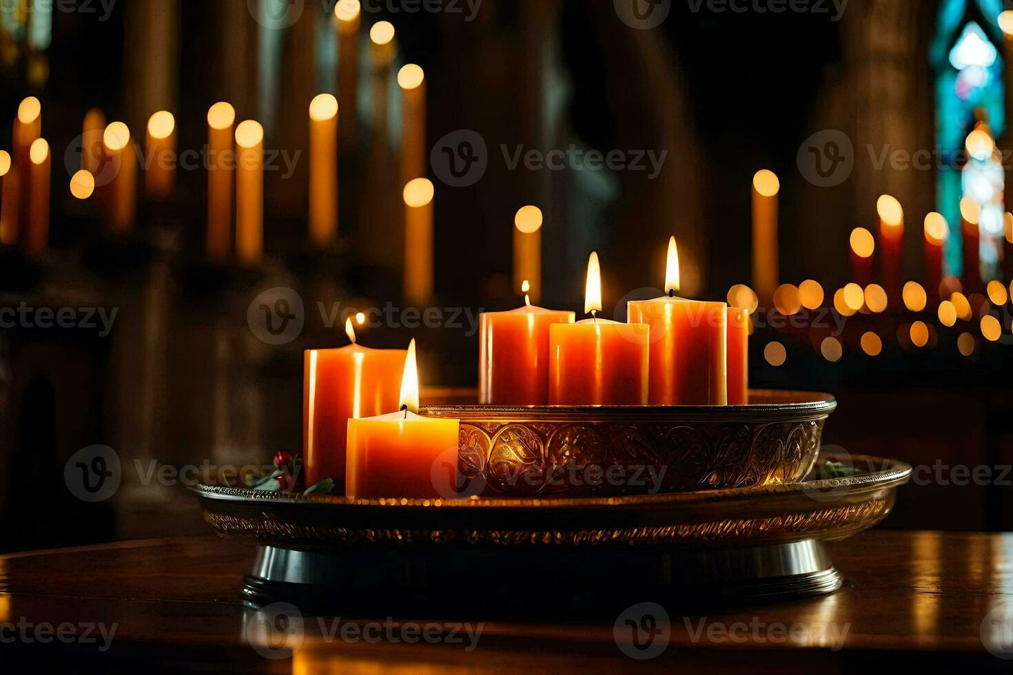 velas son iluminado en un Iglesia con velas generado por ai foto