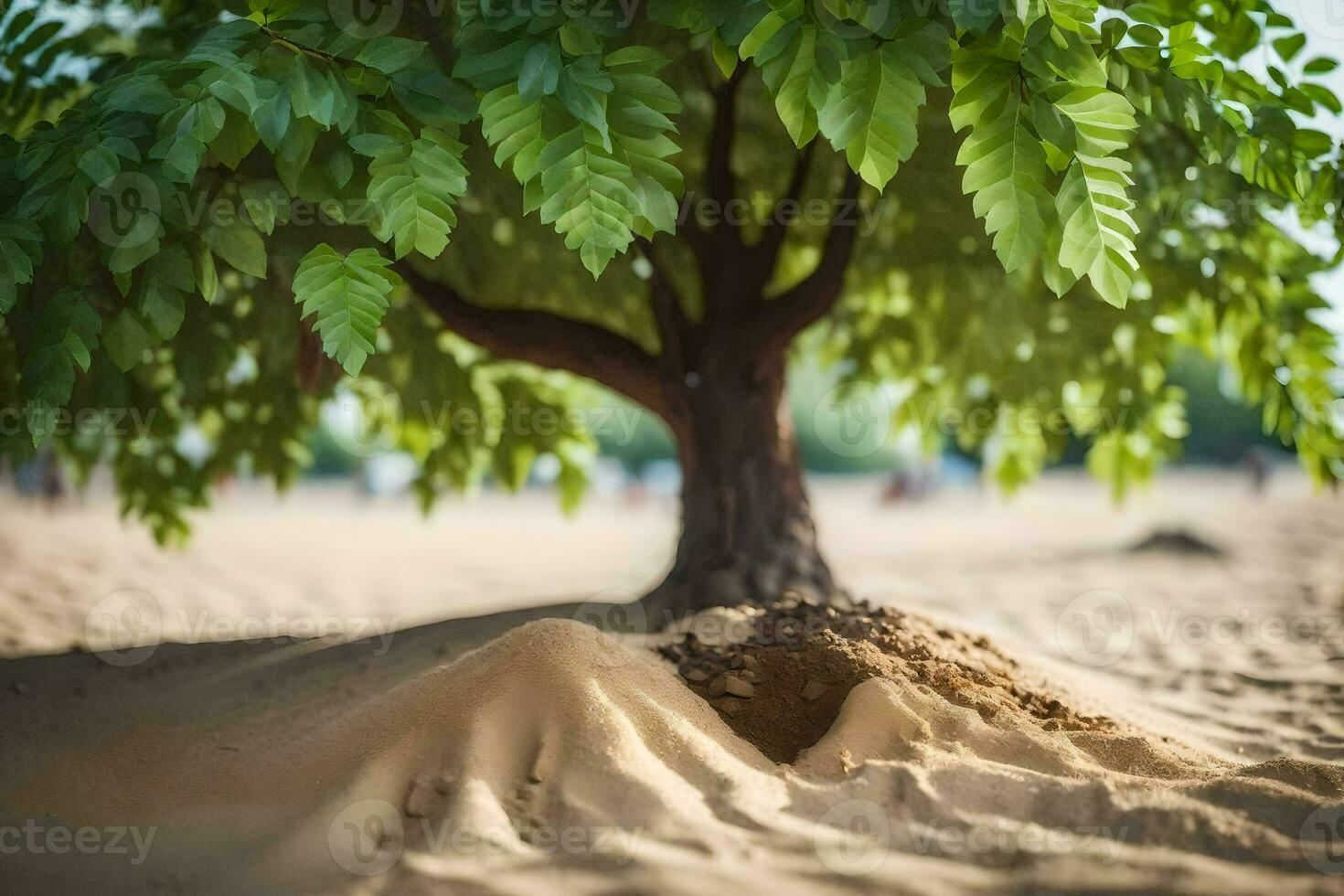 a tree with sand on the ground and a sand dune. AI-Generated photo
