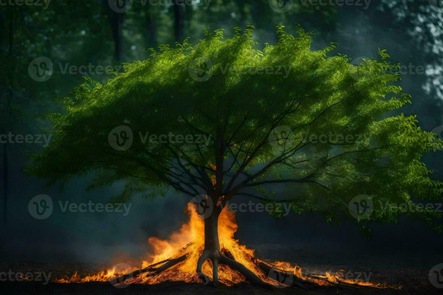 a tree with flames coming out of it in the middle of a forest. AI-Generated photo