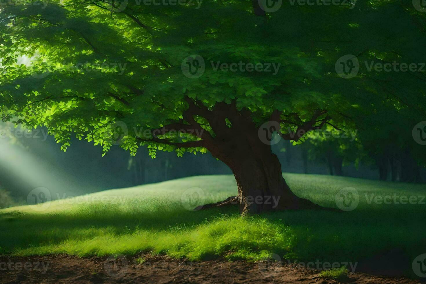 a tree in the middle of a field with sunlight shining through it. AI-Generated photo