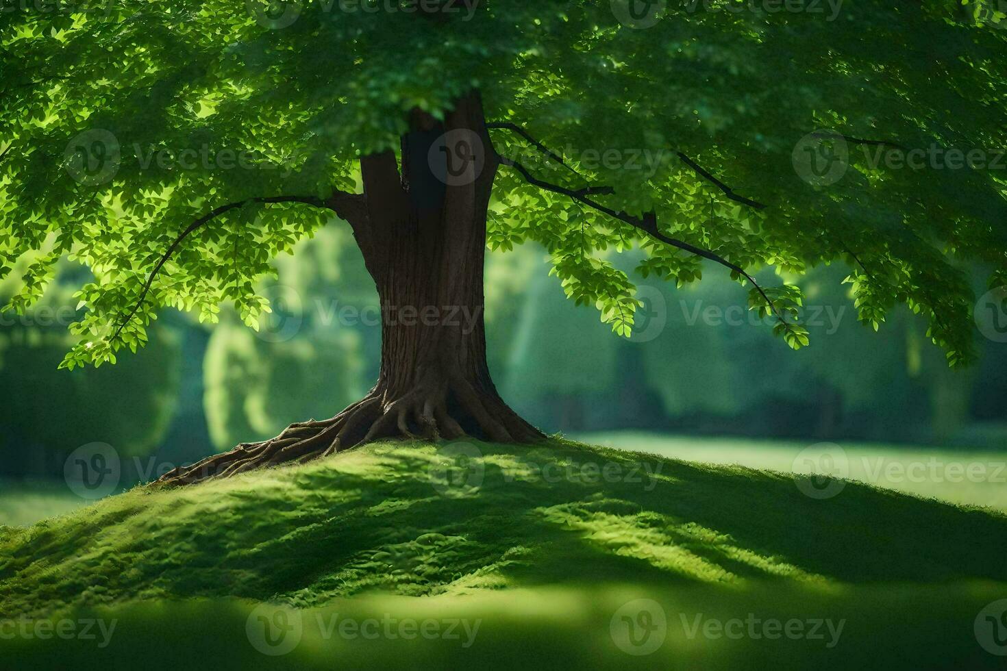 a tree is standing on top of a grassy hill. AI-Generated photo