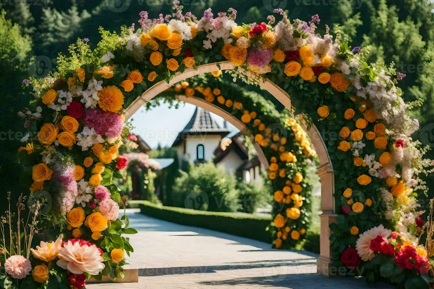 un Boda arco hecho de flores generado por ai foto