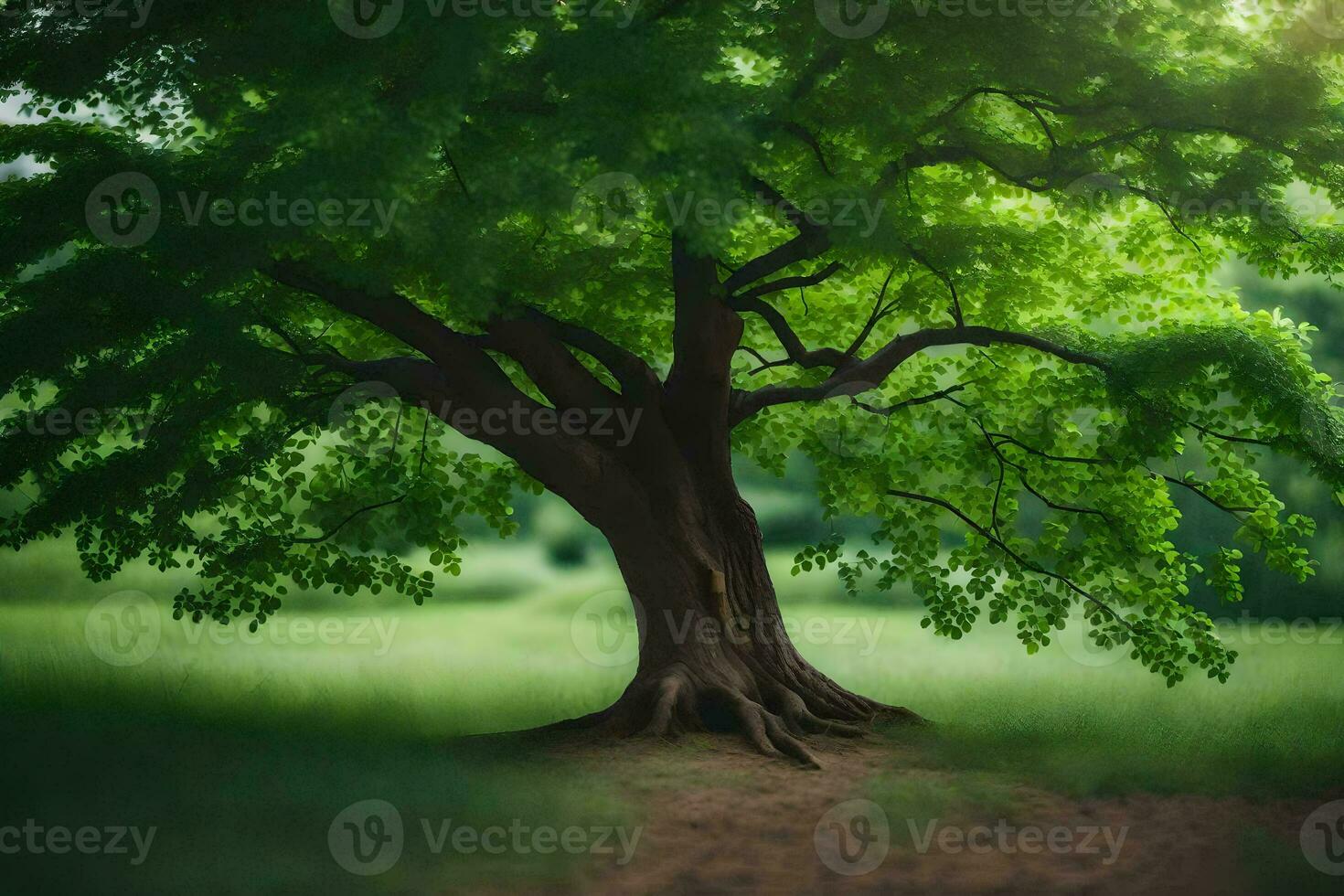 a tree in the middle of a field. AI-Generated photo