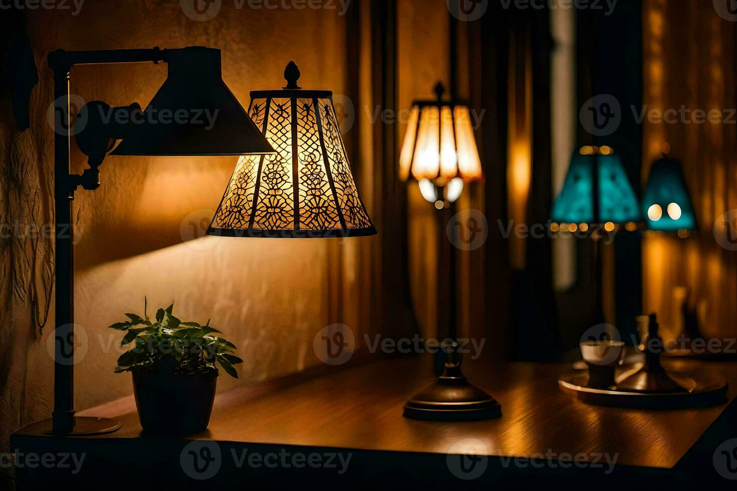 a table with a lamp and a plant on it. AI-Generated photo