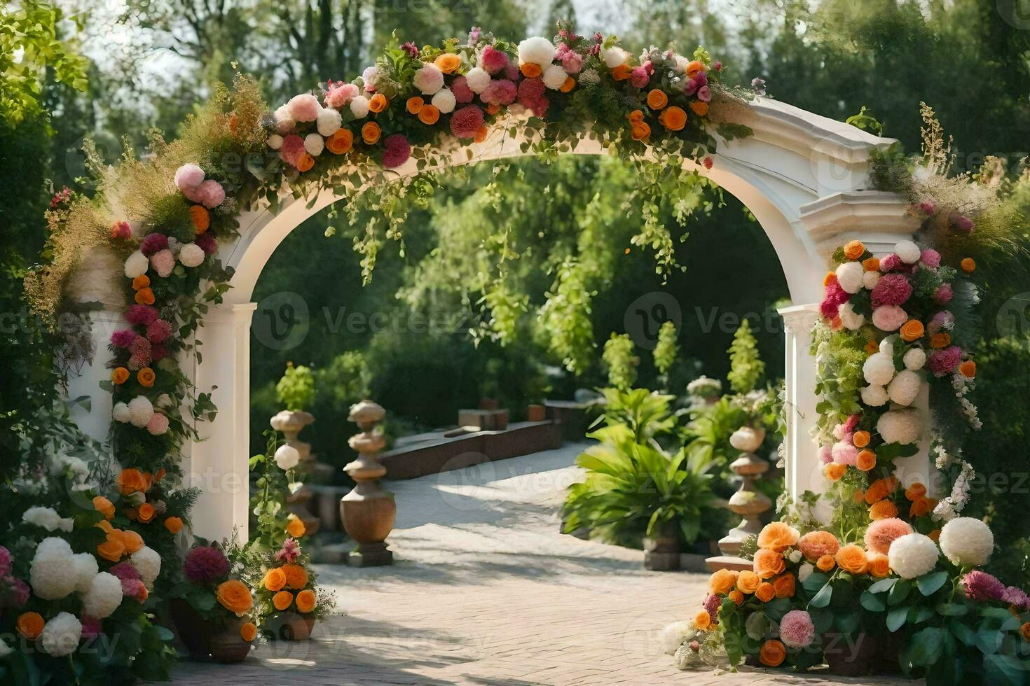 an archway decorated with flowers and greenery. AI-Generated photo
