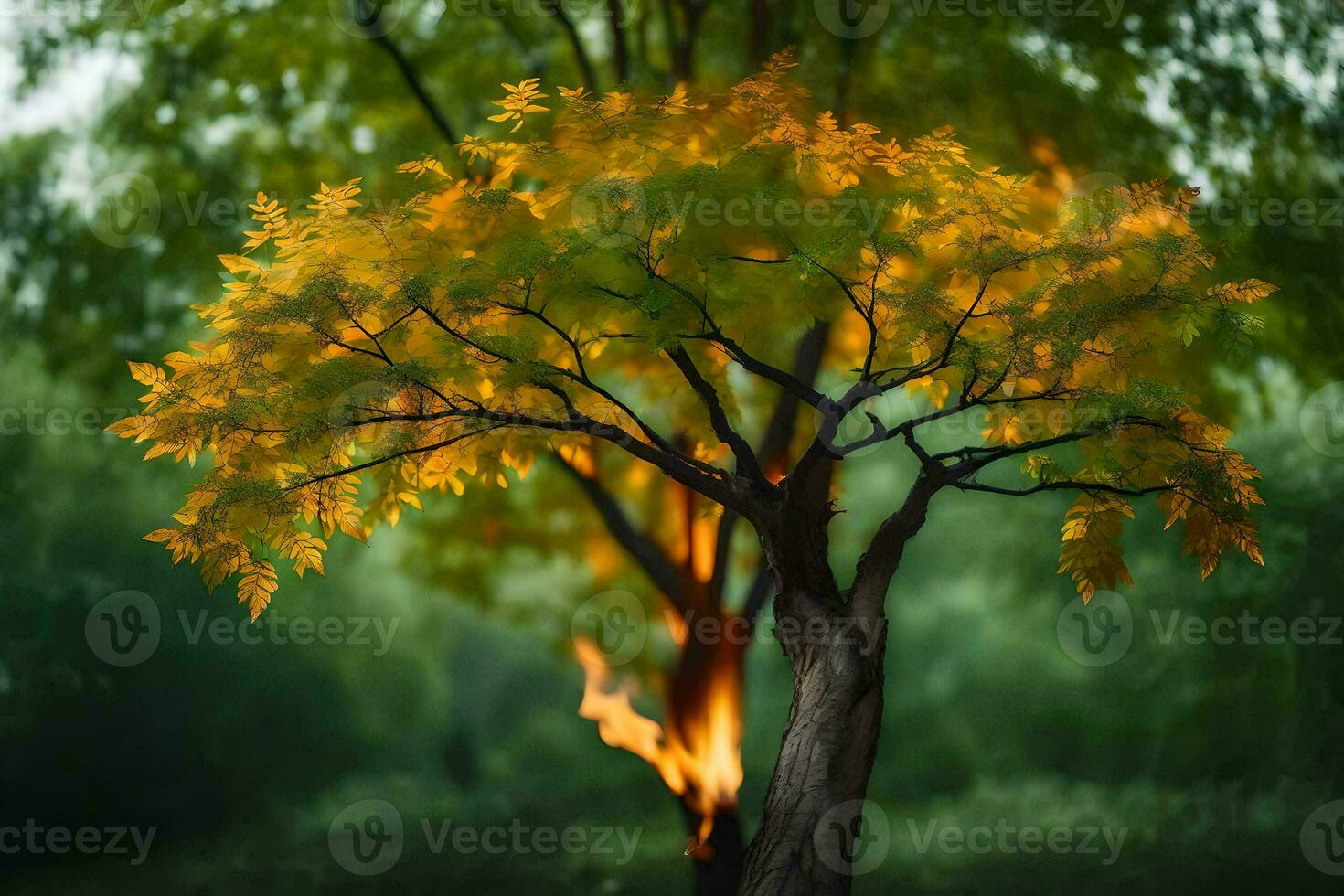 a tree with yellow leaves in the middle of a field. AI-Generated photo