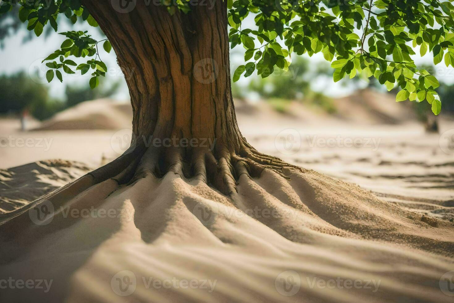 a tree with roots in the sand. AI-Generated photo