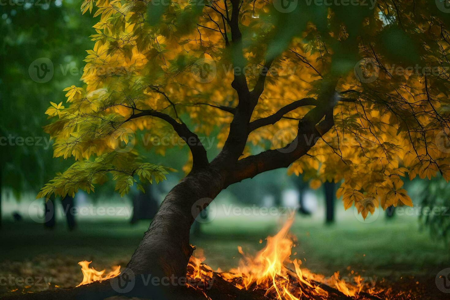 a tree with flames and leaves in the background. AI-Generated photo