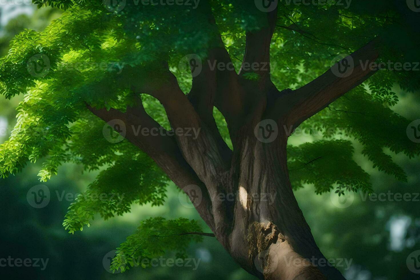 a tree with green leaves and a green background. AI-Generated photo