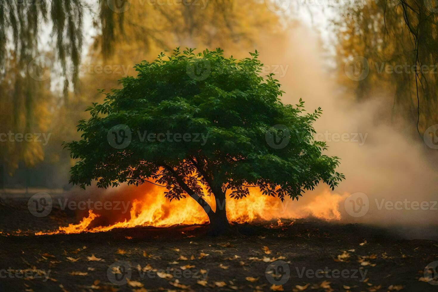 a tree is burning in the middle of a field. AI-Generated photo