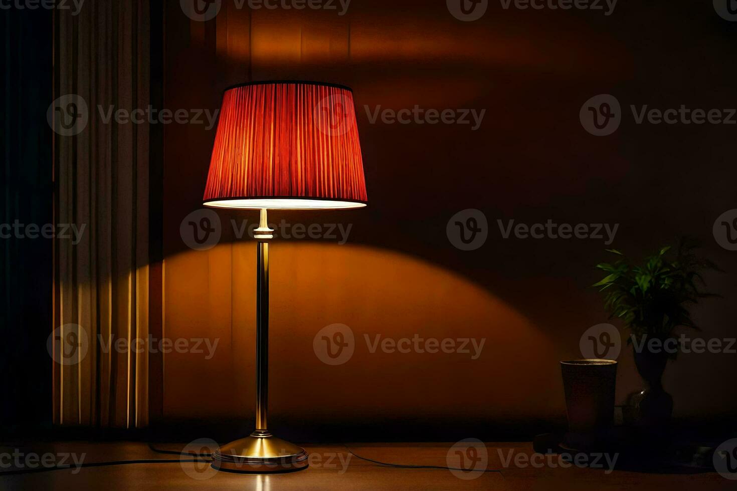a red lamp on a table in front of a window. AI-Generated photo