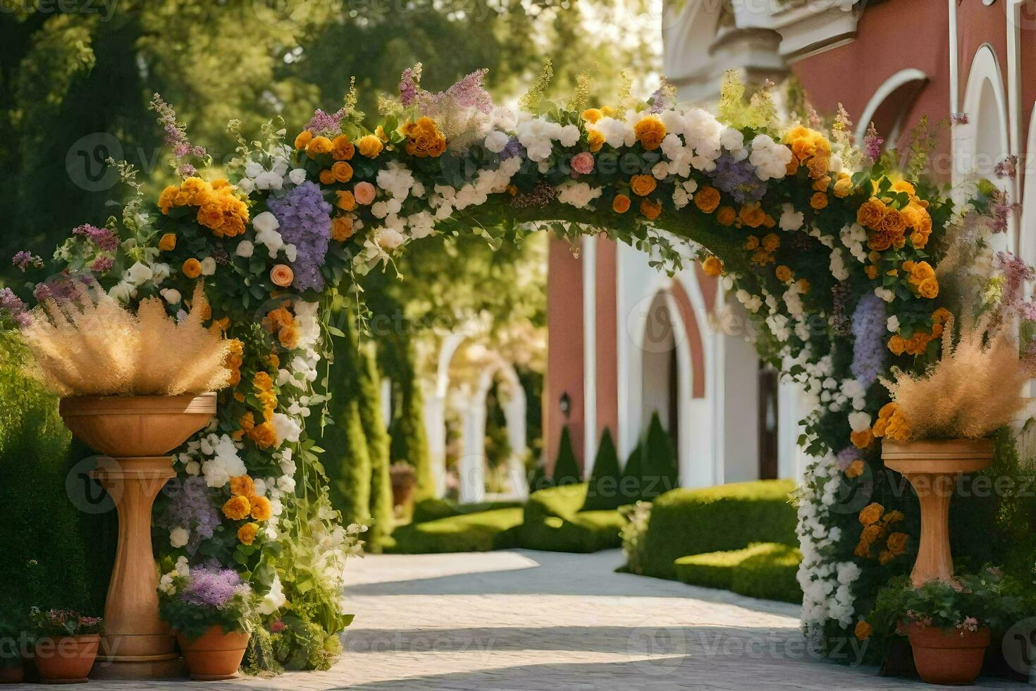 an archway with flowers and plants in pots. AI-Generated photo