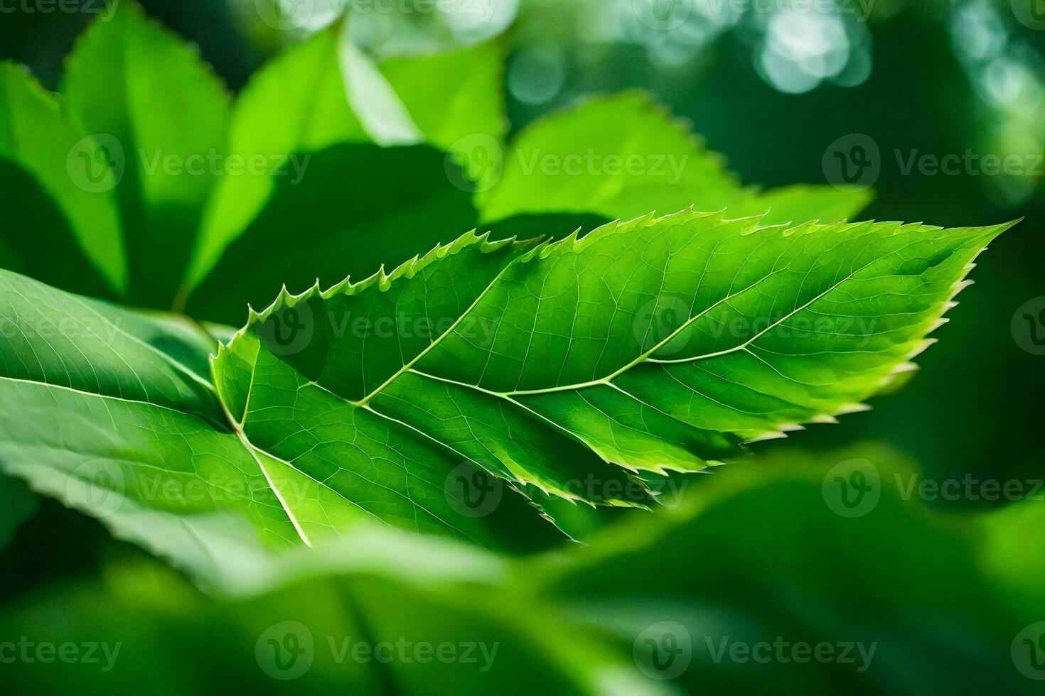 a close up of green leaves on a tree. AI-Generated photo
