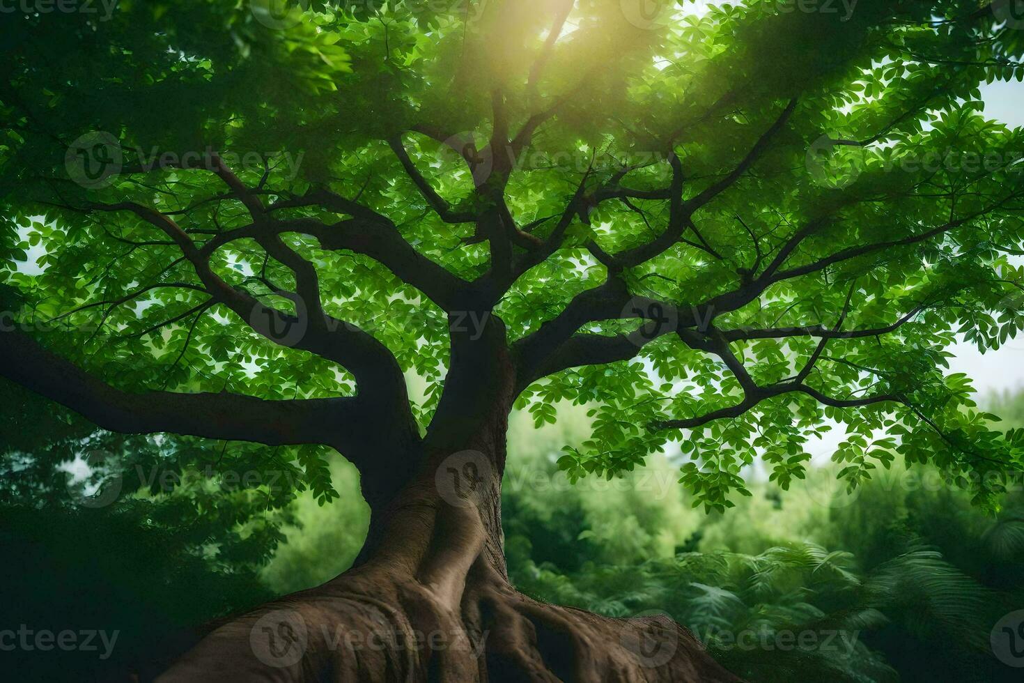 a tree with roots in the middle of a forest. AI-Generated photo