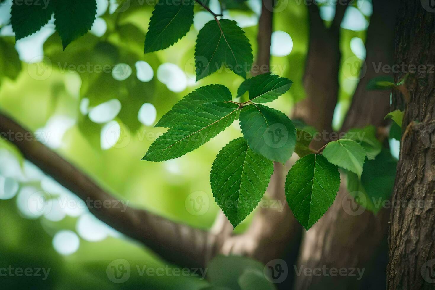 a tree with green leaves and a blurry background. AI-Generated photo