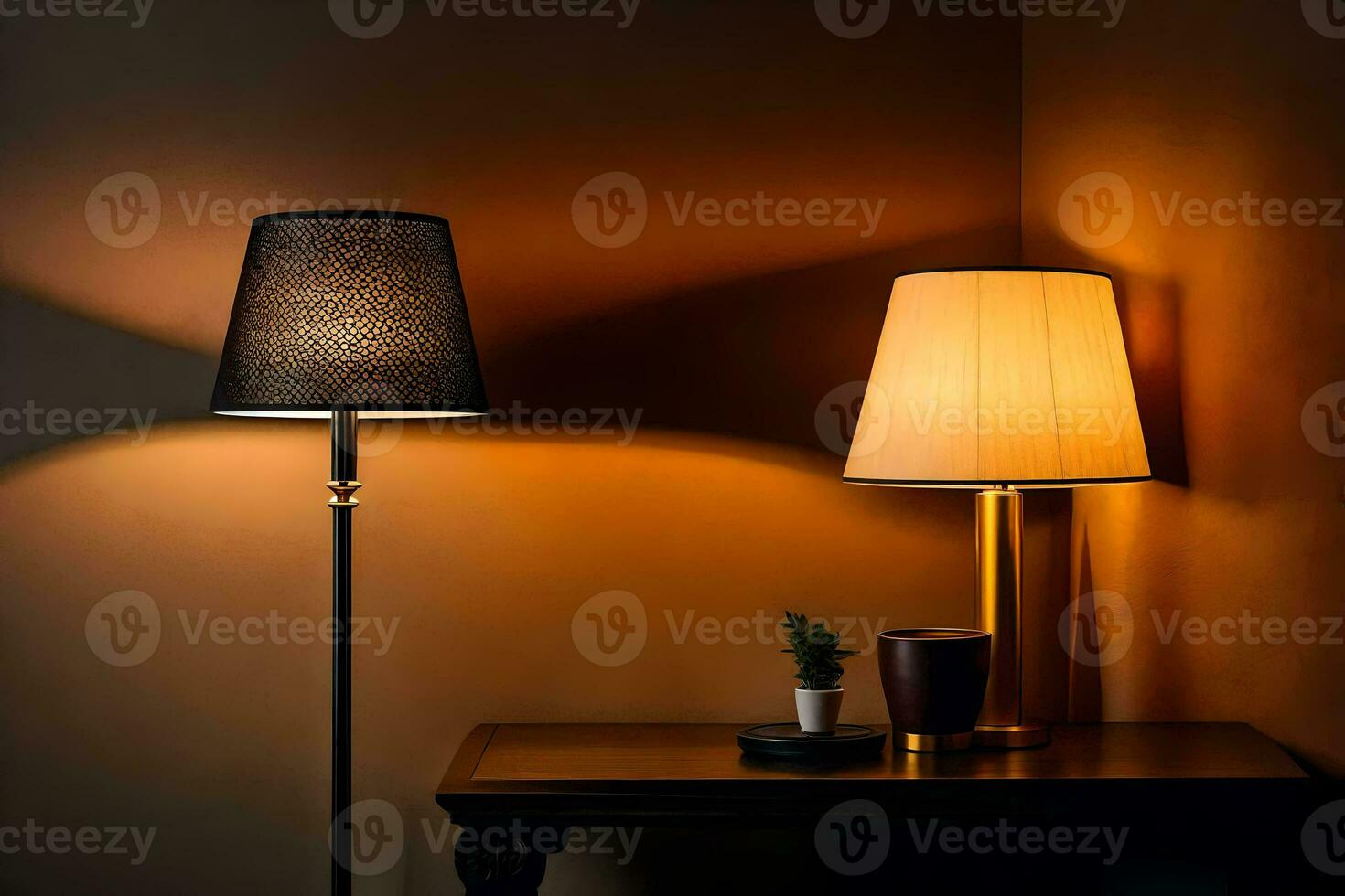 two lamps sit on a table next to a lamp. AI-Generated photo