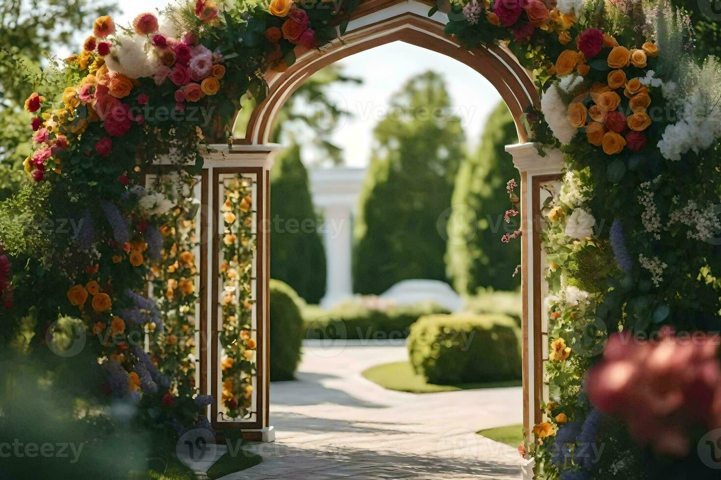 an archway with flowers and greenery. AI-Generated photo