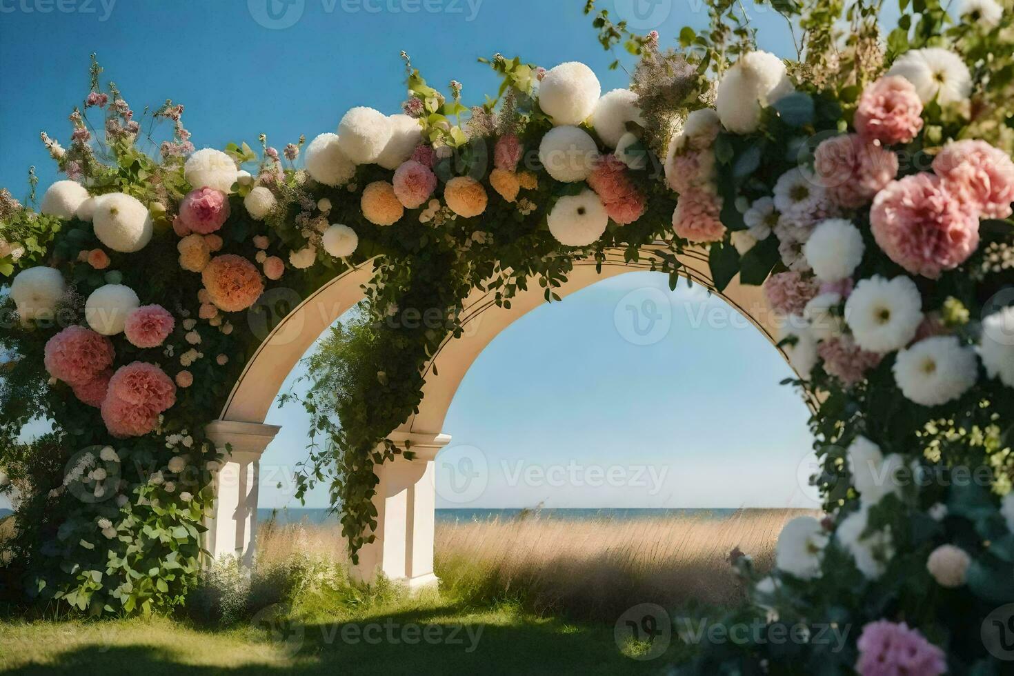 an archway with flowers and greenery. AI-Generated photo