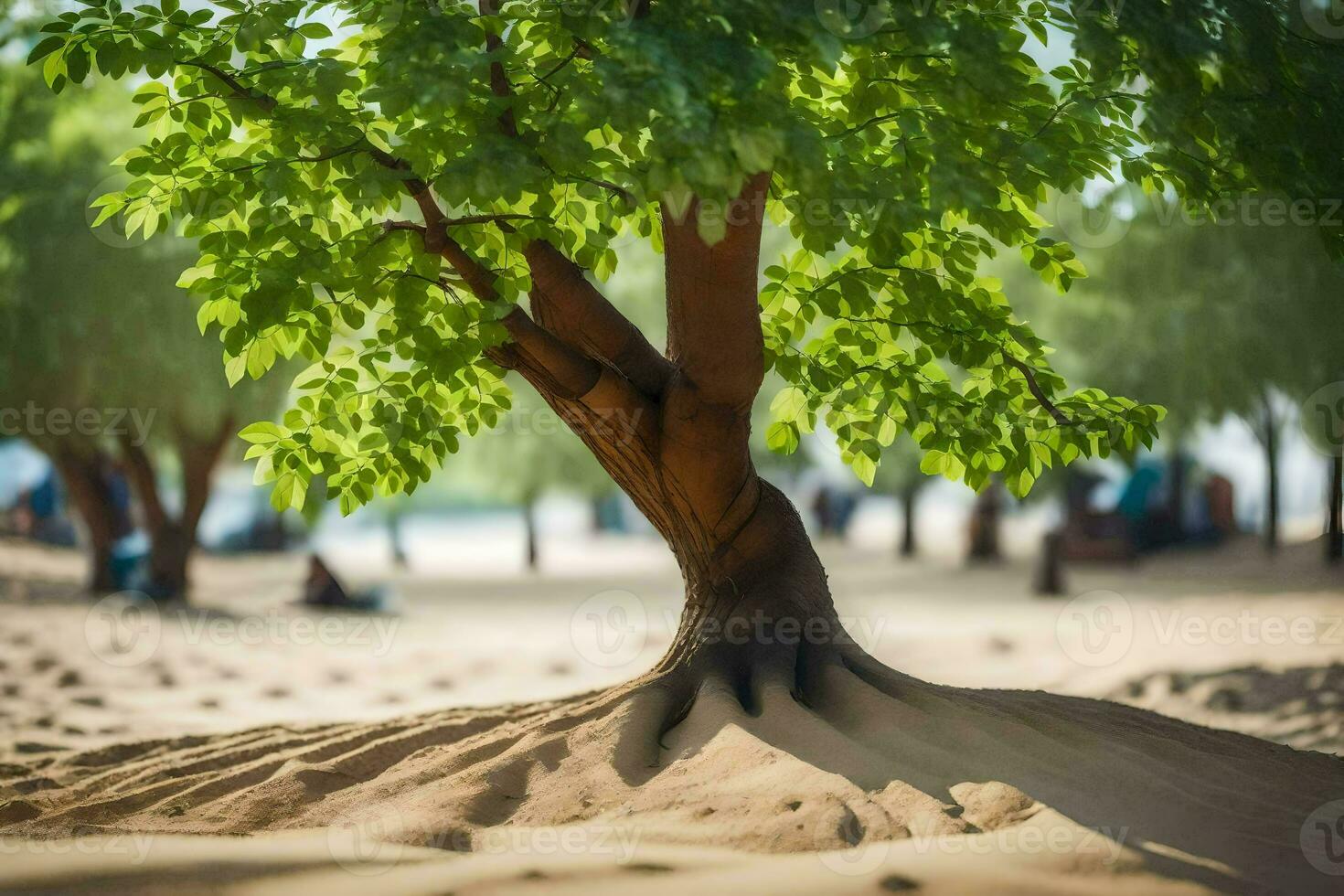 a tree growing out of the sand in the middle of a beach. AI-Generated photo