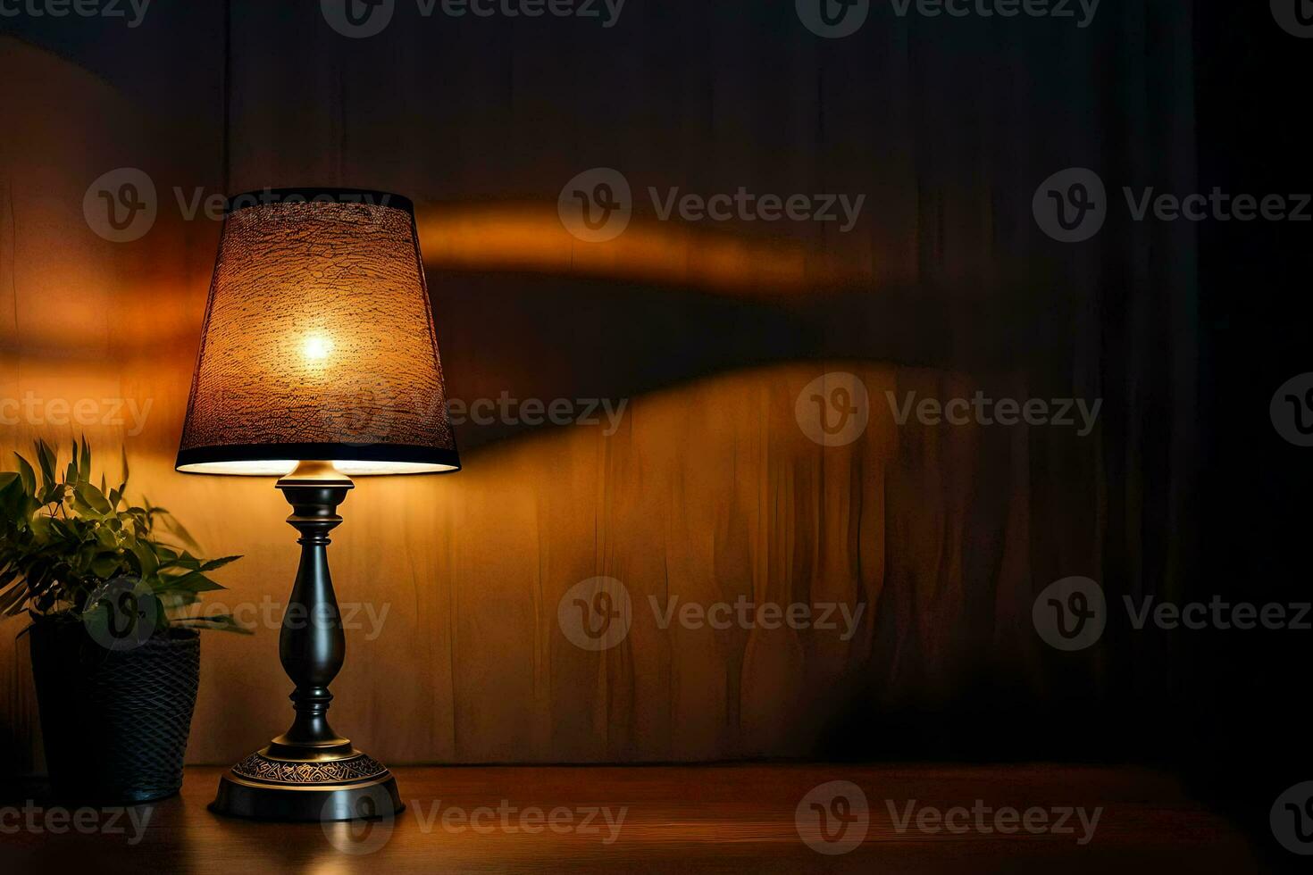 a lamp on a table in front of a plant. AI-Generated photo