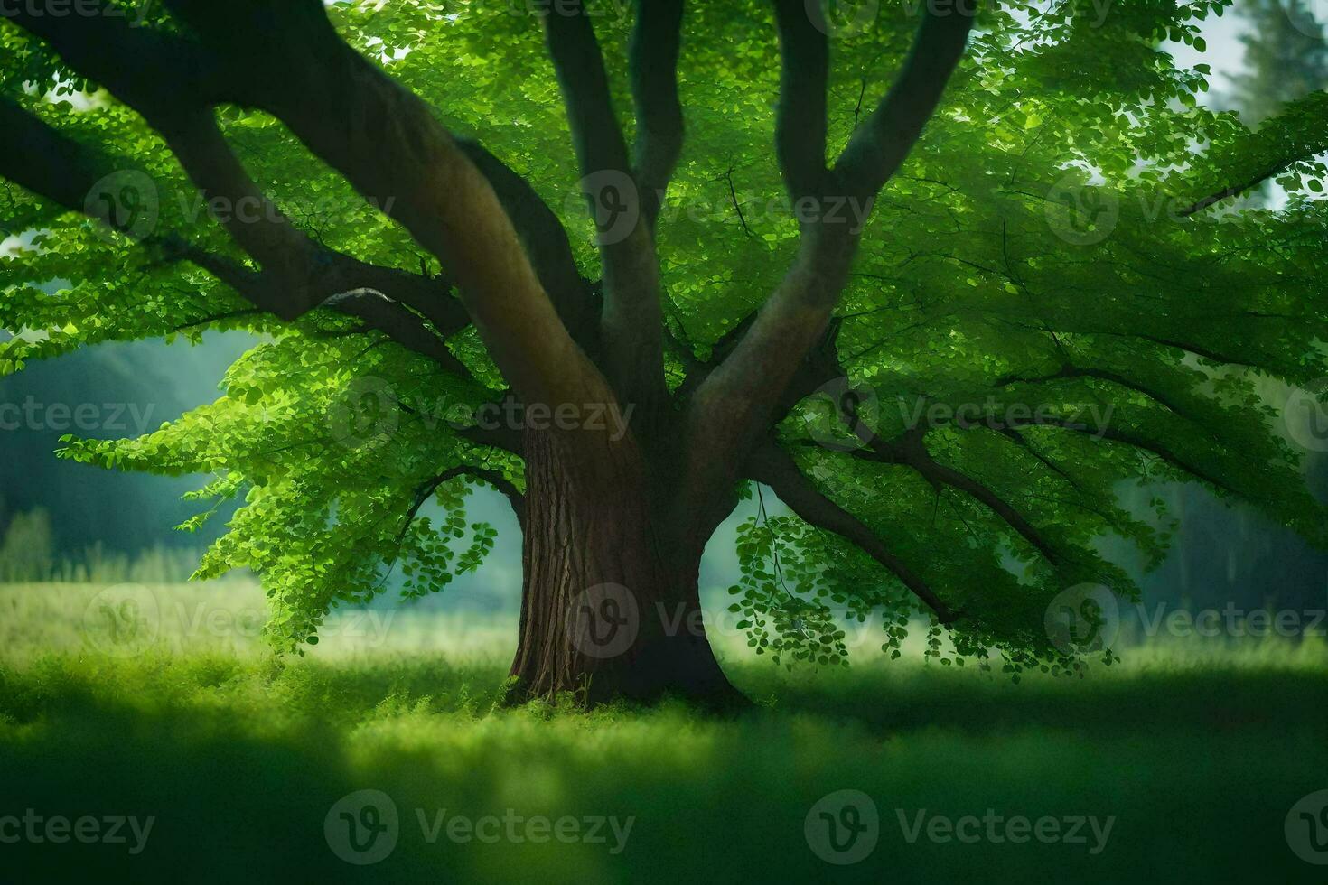 a large tree in the middle of a green field. AI-Generated photo