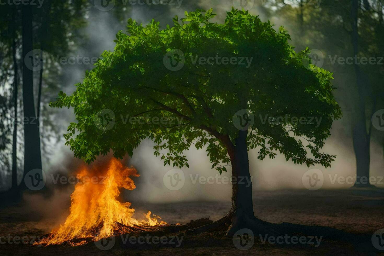 a tree is burning in the forest. AI-Generated photo