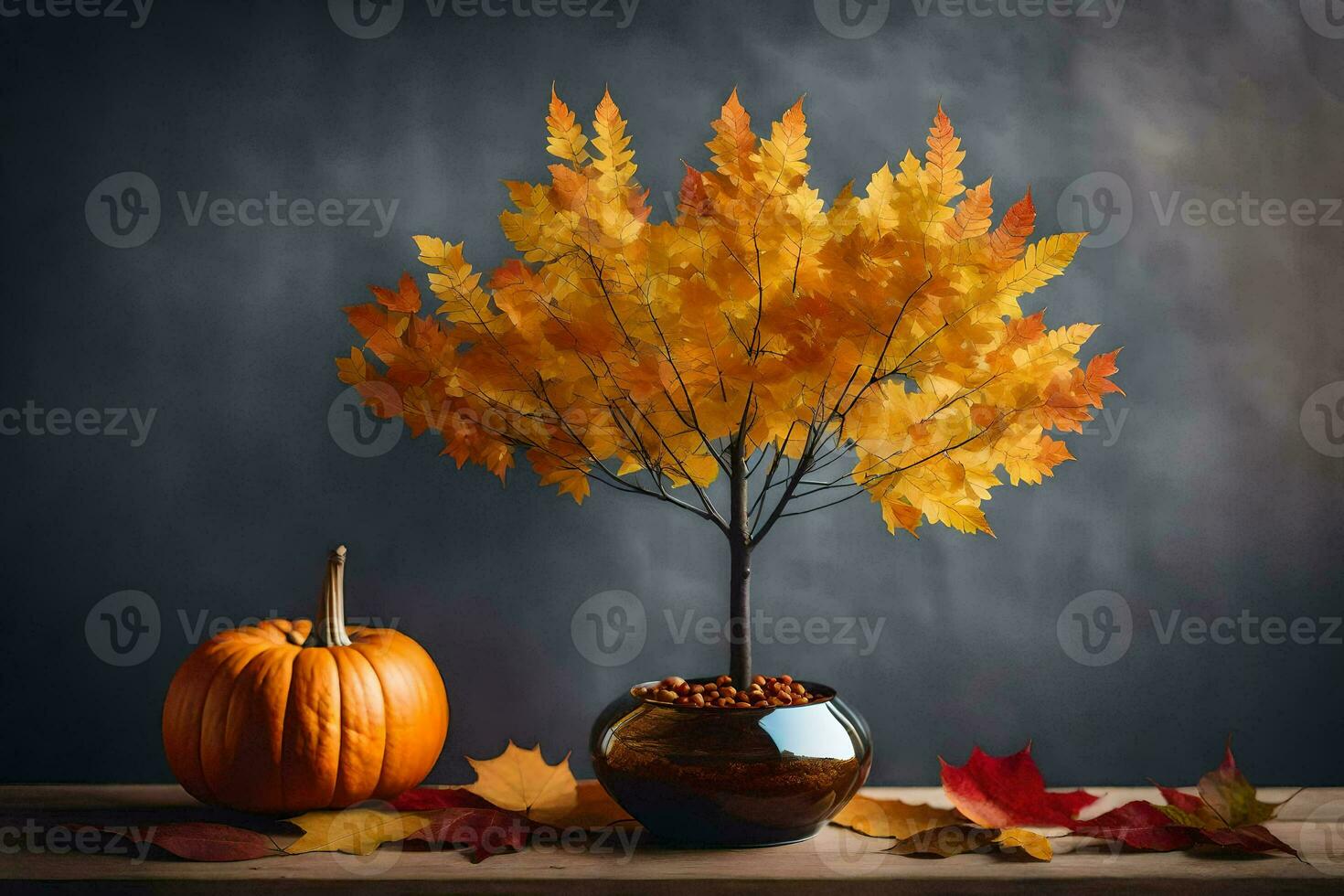 autumn leaves and a pumpkin on a table. AI-Generated photo