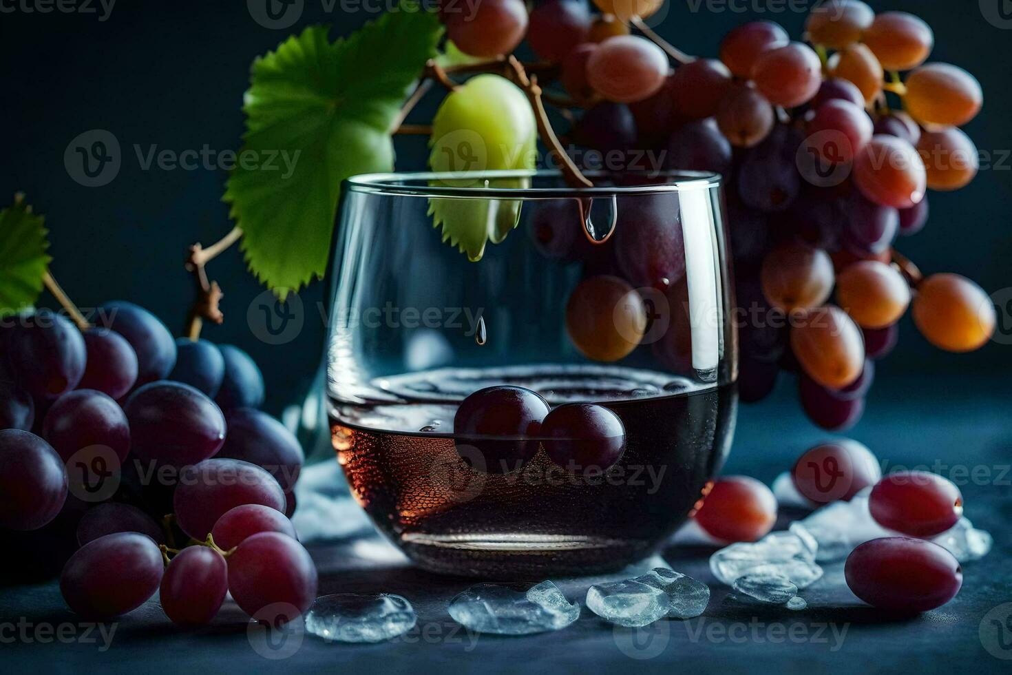 a glass of wine with grapes on a dark background. AI-Generated photo